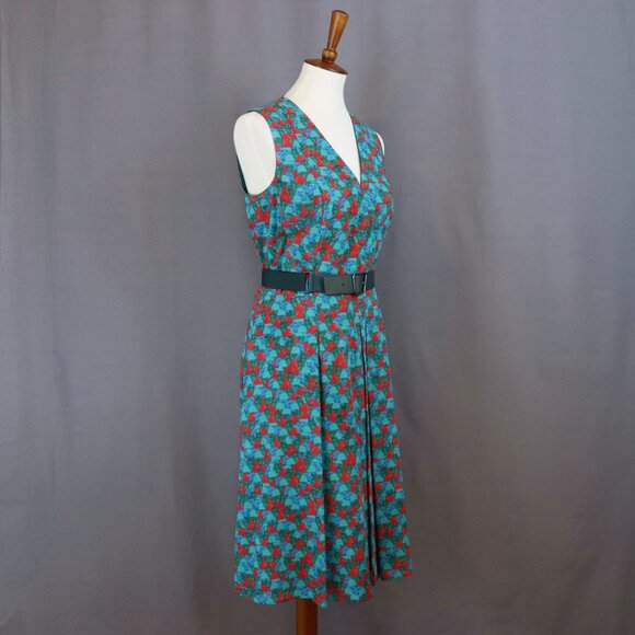 Akris 10 Green Red Ai Print Sleeveless Swing Fit Flare Pleated Pocket Dress - Picture 3 of 15